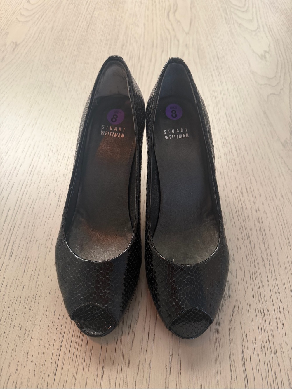Stuart Weitzman Black Snake-Embossed Peep Toe Heels